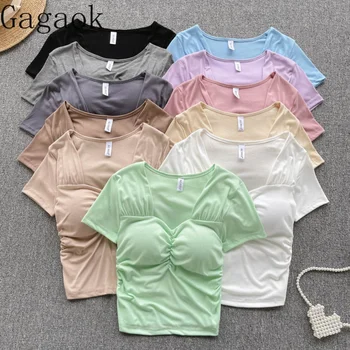 Женска тениска Gagaok, френски сладки нагънат тънки тениски с къс ръкав, градинска дрехи, ежедневни лятна однотонная тениска с възглавница на гърдите