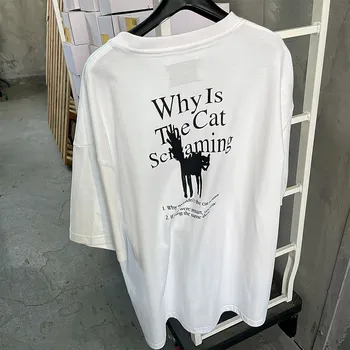 Защо котката вика, забавни тениски с принтом Kpop, бели, Свободни топове от чист памук с къс ръкав, улични стръмни летни ежедневни тениски