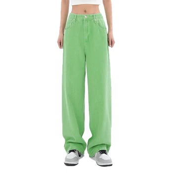 Зелени Женски широки дънки с висока талия, дамски спортни панталони за момичета, летни панталони в стил хип-хоп, Женски преки свободни панталони