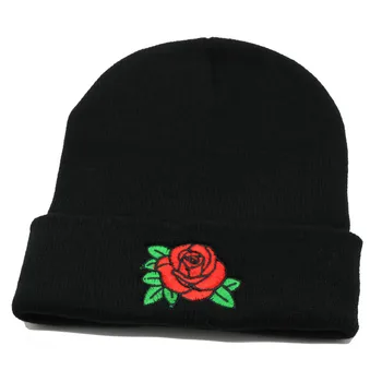 Зимна разпродажба Унисекс, кратък абзац, възли шапка с бродерия във формата на рози, шапки за жени, черни, запазването на топлина, шапки за хеджиране, Директна доставка