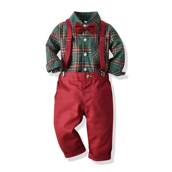Комплект дрехи за малки момчета, есенно-зимна детска официална риза, Потник + панталон на подтяжках, костюм от 2 теми, детски коледни костюми