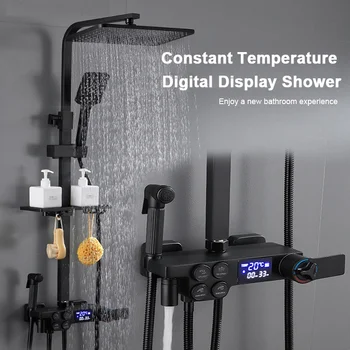 Комплект душ системи за баня, Черен Термостатичен смесител за душ с цифров дисплей, домашно приготвени Изцяло медна душ глава за баня, подсилени с душ