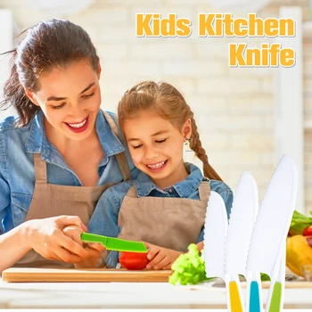 Комплект кухненски ножове за деца, Дървени безопасни ножове за деца, Многократна употреба пластмасови ножове, определени за безопасни за дърво ножове с зазубренными ръбове, Пластмаса