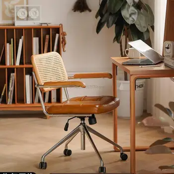 Компютърен стол от ратан в ретро стил, в скандинавски стил, японски стил, Домашен кабинет, Удобна облегалка, Въртящи се в Подвижен офис стол