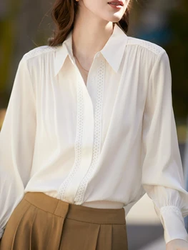 коприна бяла риза дамски пролет 2022, новост, благородна риза с дълги ръкави от коприна тутового цвят, универсален бяла риза