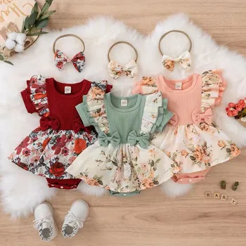 Летни дрехи за новородени момичета, комплект дрехи от 2 теми, 2023 Нов модерен гащеризон с флорални лък, превръзка на главата, ежедневни детски дрехи, гащеризон