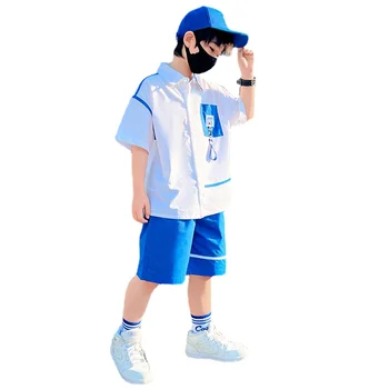 Летни дрехи, комплекти за градинска дрехи, синя риза с ревера и джоб в стил мозайка + Шорти, 2 броя, ежедневна мода корея, детски дрехи за момчета