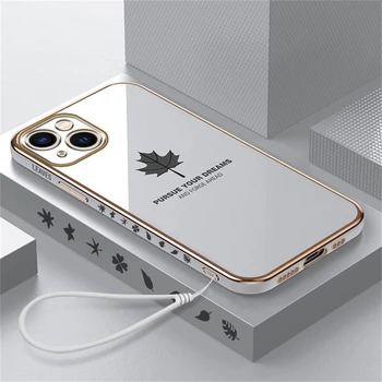 Луксозен Мек Калъф 6D Maple Leaf за iPhone 14 13 11 Pro Max 12 Mini XS XR X 8 7 6 6S Plus SE 2022 iPone със Силиконов Калъф за Ремешке