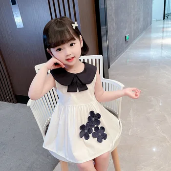 Лятна Рокля за момичета 2023 г., Бебешка рокля от памук с три цветове, Рокля на принцеса с кукла яка, Хубава рокля в корейски стил За Малки момичета