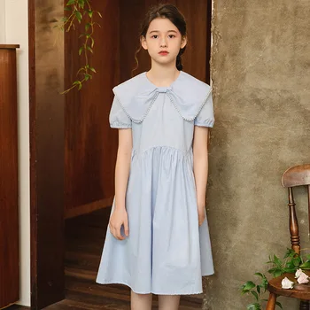 Лятна рокля с къси ръкави за по-големи момичета, 2023, нова детски дрехи в корейски стил, рокля на принцеса с перлата яка на врата-папийонка, #7209