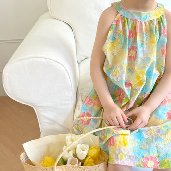 Лятното модно рокля без ръкави с цветен печат за момичета 2023 г., детски дрехи 2-8 години