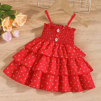 Лято 2023, Нови предмети, Червено бебешка рокля на Точки без ръкави с волани за момичета, Милото Вечерна рокля Custume от 0 до 2 години