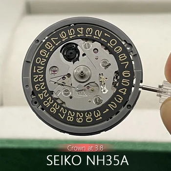 Механичен часовников механизъм Seiko NH35 корона на 3,8 часа Черно Колелото на дата /Златен текст с 24 скъпоценни камъни Автоматично с часовников механизъм NH35A
