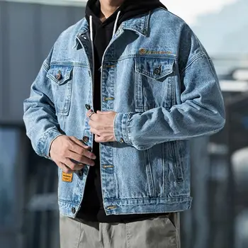 Мода 2022, Нова есенна мъжки син деним яке, однотонная горна дреха с джобове, корейски стил, однобортное джинсовое палто, градинска облекло