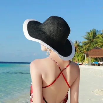 Модерен Дамски сгъваема Черно-бяла сламена шапка от Слънцето с гъвкави широки вълнообразни полета, лятна плажна Панама, слънчеви шапки