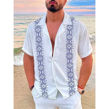 Модерна нова мъжка риза хавайска риза с геометричен принтом кубински яка бяла хавайска риза с къс ръкав plus размер висококачествено палто