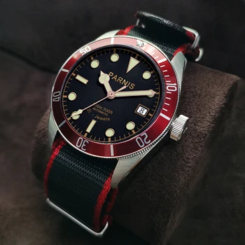 Модерни мъжки ръчни часовници Parnis 41 мм с червено безелем, автоматични механични флуоресцентни часовник с календар, найлонов ремък, сапфирен кристал, мъжки ръчен часовник