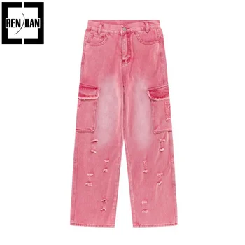 Модни дънкови панталони-карго с големи джобове, градинска облекло свободно, намаляване, скъсани дънкови панталони в стил харадзюку, спускане в стил хип-хоп