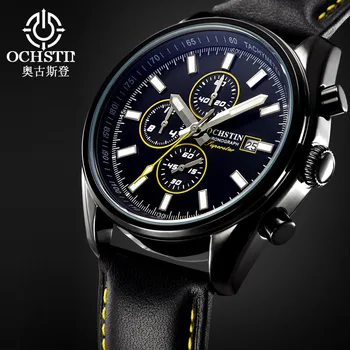Мъжки ръчен часовник OCHSTIN с хронограф водоустойчив, мъжки часовник в стил милитари най-добрата марка за луксозни черни спортни мъжки часовник от естествена кожа 6040