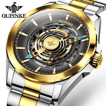 Мъжки часовник OUPINKE Automatic с японски механичен механизъм Sky Eye Skeleton, водоустойчив син сапфир каишка от плътен стомана, мъжки часовник