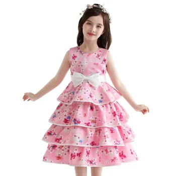 Нови буйни рокли с флорални принтом за момичета, детски сладка принцеса рокля с лък, дизайнерско вечерна рокля за парти, рокля 2-10 години