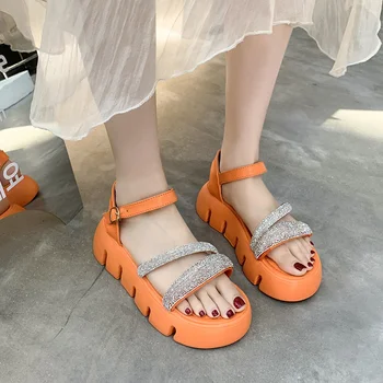 Нови чехли, дамски летни модни плажни сандали с кристали на дебела подметка, ежедневни секси обувки с пайети, Zapatos De Mujer