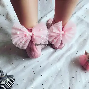 Нови чорапи за малки момичета с лъкове, памучни чорапи до глезена, бродирани с мъниста, чорапи принцеса за момиченца, сладки бебешки чорапи за бебета