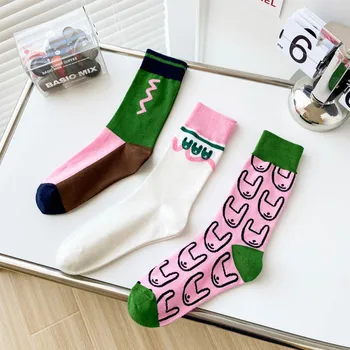 Новите Дамски Чорапи Розово-Зелен Цвят, С Анимационни Заек, Дишащи Спортни Памучни Чорапи За Дами И Момичета, Корейски Кальцетины