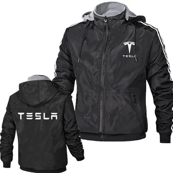 Ново мъжко яке с подвижна качулка с логото на автомобил Tesla, висококачествено свободно модно мъжко палто, двустранен дрехи, мъжки яке