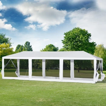 Палатка за сватбени партита с леко отворен покрив, 10 x 30 см с 8 сменяеми сетчатыми странични стени - бял