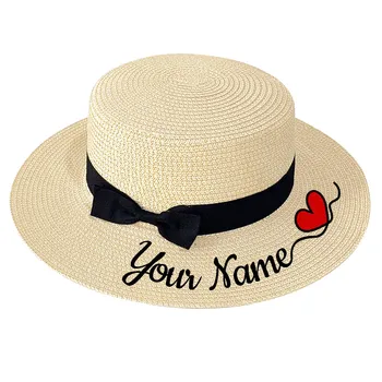 Потребителски текст с вашето име, лого бродерия във формата на сърце, Панама, сламена шапка с лък, дамска плажна шапка с широка страна, дамски ежедневни класически подарък