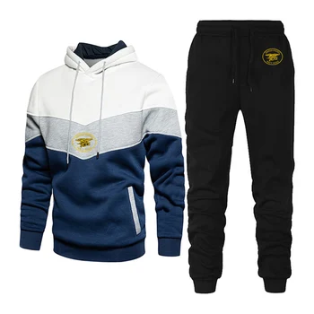Принт лого Navy Seal 2023, Нов мъжки пролетен трицветна костюм с качулка в стил мозайка, всекидневни топло спортен брендовый пуловер + Панталони за джогинг