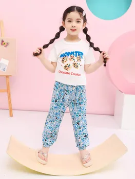 Пролет-лято корейски детски комплект дрехи за момичета, тениска с кръгло деколте, ежедневни блузи с обемни цветя, панталони-фенери, детски костюм