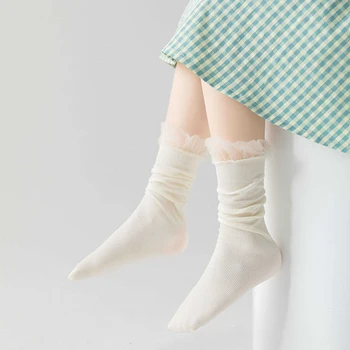 Пролетно-есенен детски чорапи със средна дължина, обикновена дантелени чорапи до прасците, летни дишащи детски дантелени чорапи принцеси за момичета