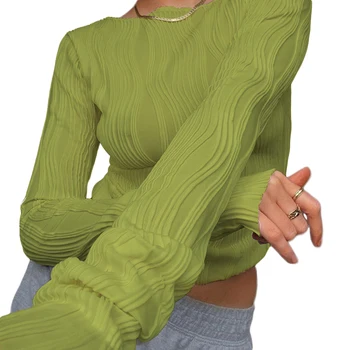 Пролетно нова дамски ежедневни риза с кръгло деколте и дълъг ръкав, модни дамски обикновена нагънат приталенные пуловери, блузи