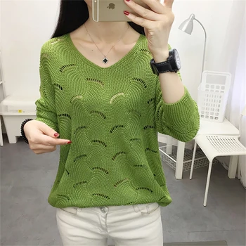 Пуловер с изрезки, тениски с дълъг ръкав, вязаный зелен женски пуловер с V-образно деколте, всекидневни пролетно-есенен пуловер свободно намаляване на