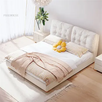 Рамка на легло от плат в скандинавски стил, Мебели за Спалня Модерен минимализъм Двойно легло от масивно дърво Лека Луксозно Легло за главния Спални