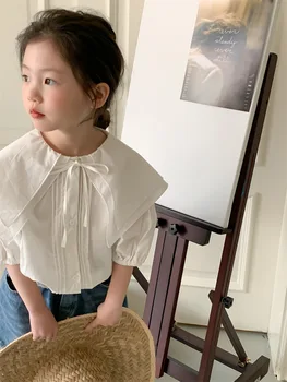 Ризи за момичета, детски блузи с големи отворотами в корейски стил 2023, лятна детска нова риза, бутик за дрехи в изчистен стил