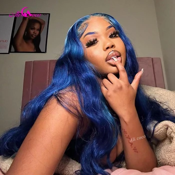 Син цвят, съраунд, вълнообразни прозрачен перука от човешка коса 13x6 на дантели, бразилски перука Реми Water Wave 13x4 на дантели за черни жени