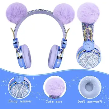 Слушалки с красиви кошачьими уши Bluetooth 5.0, сини стерео безжични игрови слушалки с микрофон, слушалки с led подсветка за момичета и деца