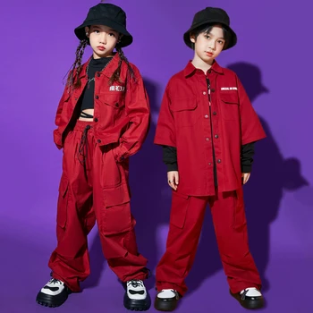 Танцови костюми за изказвания, дрехи за улични танци, детски дрехи за танци в стил хип-хоп за момичета, червен костюм в стил хип-хоп за момчета, джаз
