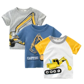 Тениска с экскаватором за малки момчета, тениска с къс ръкав, детски костюм, памук топ с анимационни принтом, нова летни дрехи за деца с кръгло деколте