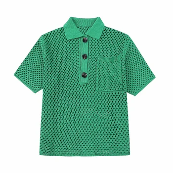 ТРАФИКА на 2023, нова лятна дамска риза с къси ръкави, вязаный джоб с ревери, за украса на копчета, мрежест отвор, ежедневни однотонная блуза с къс ръкав