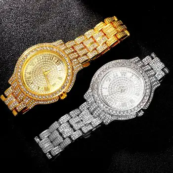 Хип-хоп 1 Пълен ред, покрити с лед, златни часовници, луксозни кварцов ръчен часовник с дата, часовник от неръждаема стомана за жени, мъжки бижута, Новост
