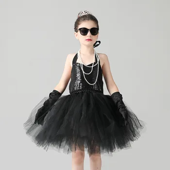 Черна Рокля на принцеса с пайети за момичета, костюм Хепбърн, бебешка рокля-пакет за рожден Ден и Хелоуин, детски летни дрехи за партита, cosplay